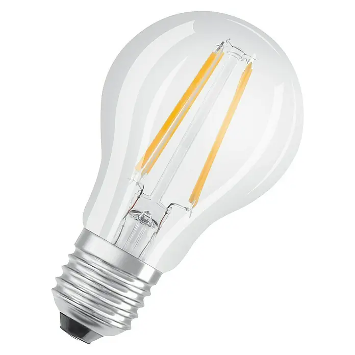 Osram LED-Lampe Glühlampenform E27 klar - E27, Nicht Dimmbar, Warmweiß, 806 lm, 6,5 W - Nahaufnahme einer Osram LED-Lampe mit klarem Glaskolben und sichtbaren Filamenten vor einem schwarzen Hintergrund.