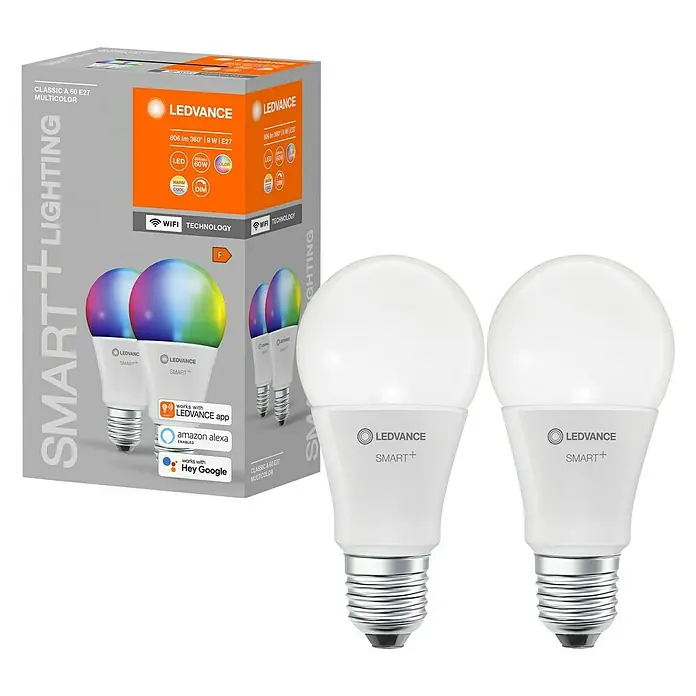 Ledvance Smart-LED-Lampen Set - E27, Dimmbar, RGBW, 806 lm, 9 W - Produktbild von zwei LEDVANCE Smart+ Multicolor Glühbirnen mit Verpackung. Smarte Beleuchtung für Ihr Zuhause mit einfacher Steuerung.