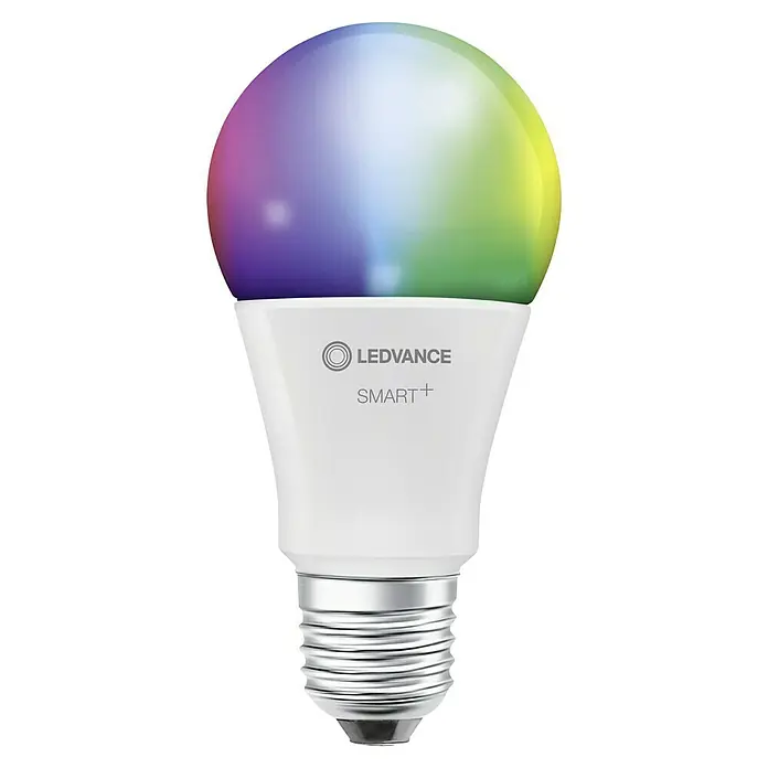 Ledvance Smart-LED-Lampen Set - E27, Dimmbar, RGBW, 806 lm, 9 W - Nahaufnahme einer LEDVANCE SMART+ LED-Lampe, die verschiedene Farben ausstrahlt, ideal für moderne Beleuchtungslösungen.