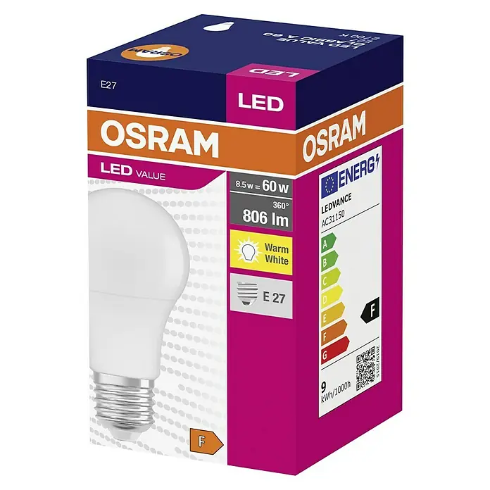 Osram LED-Lampe Glühlampenform E27 matt - E27, Nicht Dimmbar, Warmweiß, 806 lm, 8,5 W - Die OSRAM LED Value E27-Glühbirne: 8,5 W entspricht 60 W, 806 Lumen, warmweißes Licht. Energieeffizienzklasse F. Perfekt für stimmungsvolle Beleuchtung.