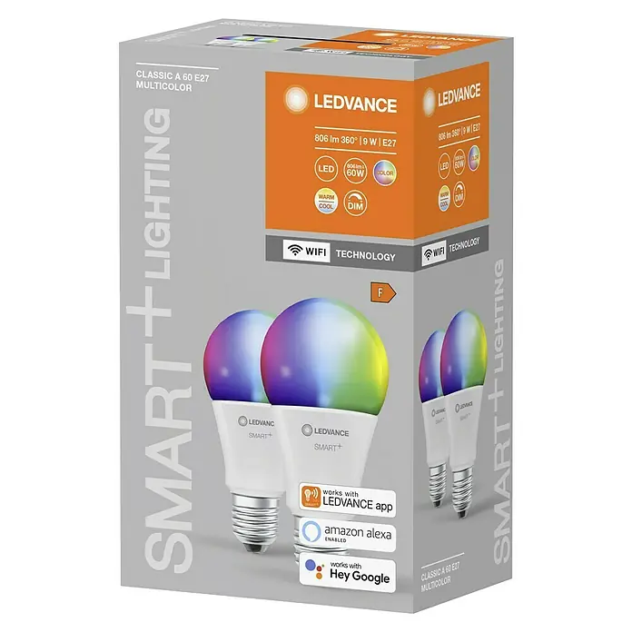 Ledvance Smart-LED-Lampen Set - E27, Dimmbar, RGBW, 806 lm, 9 W - Packung LEDVANCE Smart+ Multicolor-Glühbirnen. Smarte Beleuchtung für Ihr Zuhause, steuerbar per App und Sprachassistenten für individuelles Ambiente.