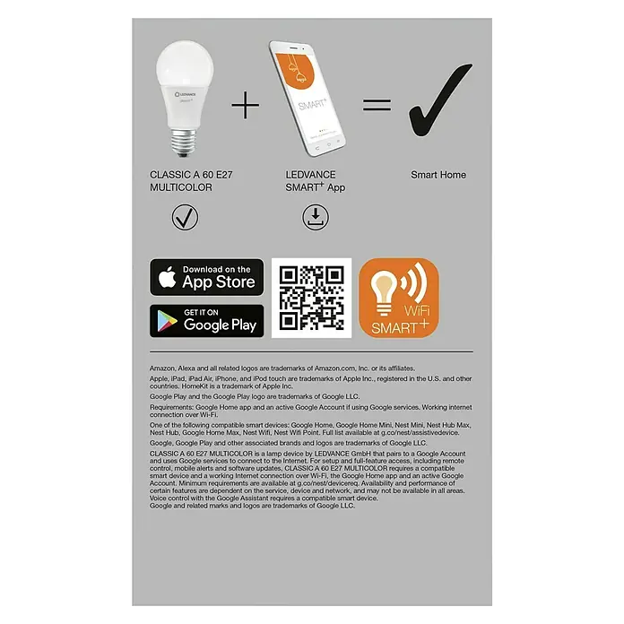 Ledvance Smart-LED-Lampen Set - E27, Dimmbar, RGBW, 806 lm, 9 W - Produktbild von LEDVANCE: Smart Home Lösung mit A 60 E27 Multicolor Lampe, LEDVANCE SMART+ App, und WLAN-Verbindung für ein intelligentes Zuhause.