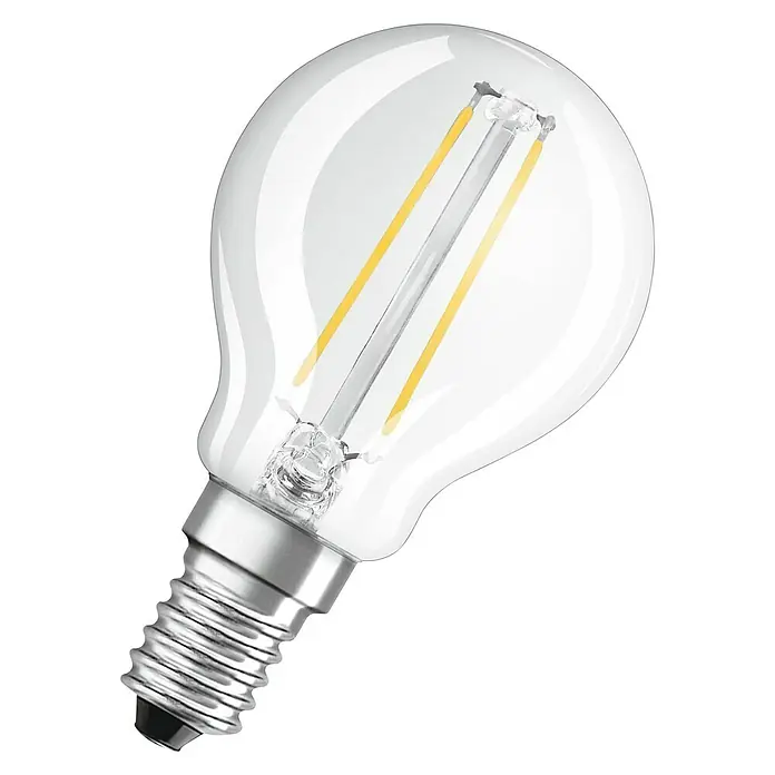 Voltolux Bombilla LED Filamento, forma de gota - E14, No regulable, Blanco cálido, 250 lm, 2,1 W - Primer plano de una bombilla de filamento LED OSRAM transparente, que ofrece eficiencia energética y luz cálida.