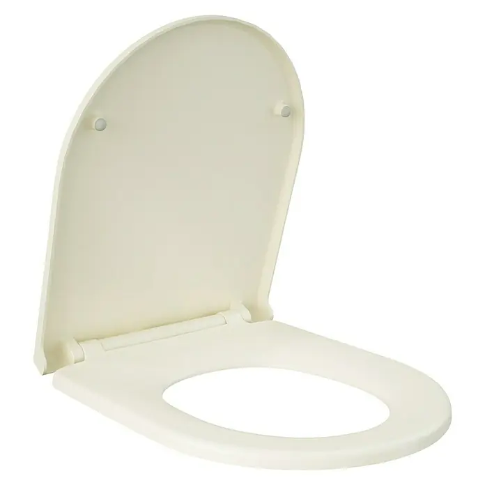 RAK Ceramics Feeling WC-Sitz - Duroplast, Greige, Mit Absenkautomatik - Ein cremefarbener Toilettensitz mit Deckel, der nach oben geöffnet ist, vor einem schwarzen Hintergrund.