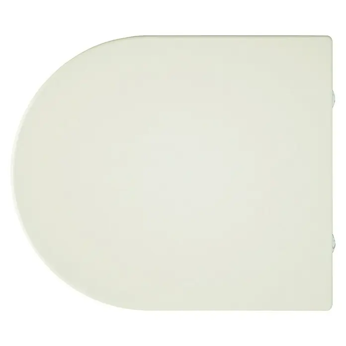 RAK Ceramics Feeling WC-Sitz - Duroplast, Greige, Mit Absenkautomatik - Nahaufnahme eines hellen, rechteckigen WC-Sitzes mit abgerundeter Vorderseite, ideal für moderne Badezimmer.