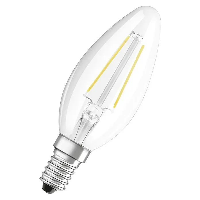Voltolux Bombilla LED Con forma de vela y filamento - E14, No regulable, Blanco cálido, 250 lm, 2,8 W - Primer plano de una lámpara de filamento LED en forma de vela con vidrio transparente y base E14 sobre un fondo negro.