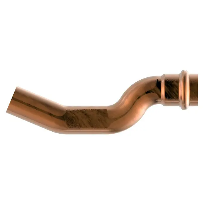 Kupfer-Press-Überspringbogen CU - Durchmesser: 18 mm, Pressmuffe und Einsteckstück - Kupferrohrbogen mit Pressverbindung. Das Kupferrohr hat eine gebogene Form und eine Pressverbindung am Ende.