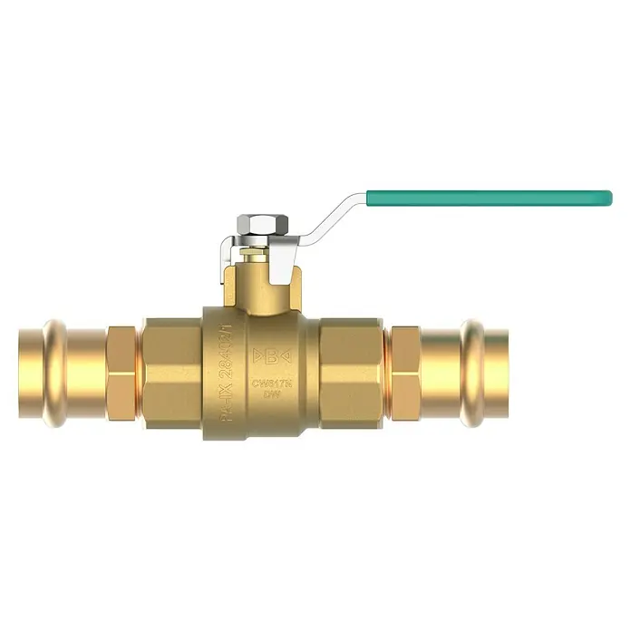 Press-Kugelhahn - Durchmesser: 22 mm, Messing - Nahaufnahme eines Absperrventils aus Messing mit grünem Griff, ideal für Sanitärinstallationen und Heizungssysteme.