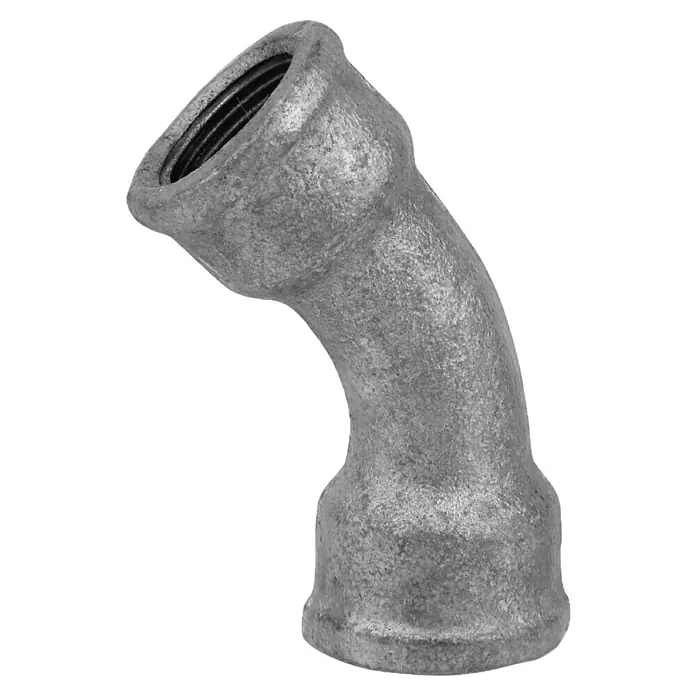 Rohrbogen II - Gewinde: ½″, Winkel: 45 °, Verzinkt - Graues, gegossenes 45-Grad-Rohrstück, ideal für industrielle Sanitäranwendungen und sichere Rohrsysteme.