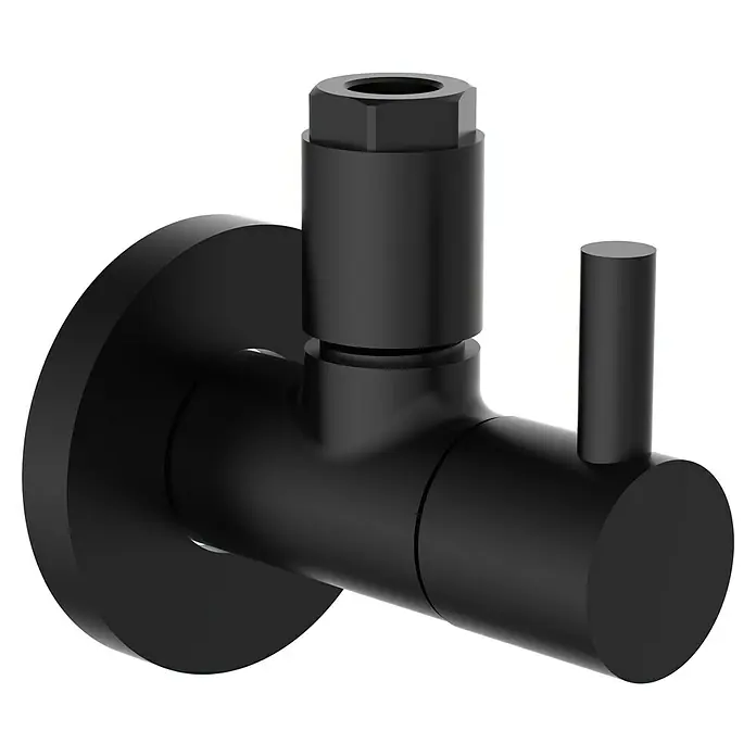 Bäderwelt Eckventil Kos - ½″, Durchmesser: 10 mm, Schwarz - Schwarzes Eckventil mit rundem Sockel zur Wandmontage und einem zylindrischen Hebel für die Wasserregulierung.