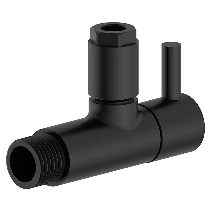 Bäderwelt Eckventil Kos - ½″, Durchmesser: 10 mm, Schwarz - Nahaufnahme eines mattschwarzen Eckabsperrventils mit Gewindeanschluss, Entlüftungsventil und Bedienhebel auf schwarzem Hintergrund.