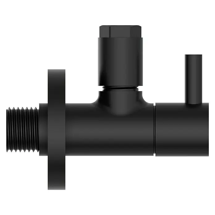 Bäderwelt Eckventil Kos - ½″, Durchmesser: 10 mm, Schwarz - Ein detailreiches Bild einer schwarzen Eckventilarmatur, das die präzise Konstruktion und das moderne Design hervorhebt.