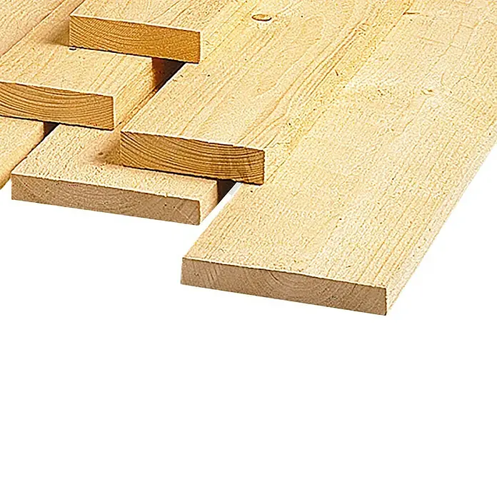 Tabla de encofrado - 300 x 10 x 2,3 cm, Abeto rojo - Primer plano de tablones de madera clara sin tratar apilados para proyectos de construcción o manualidades, destacando la veta natural.