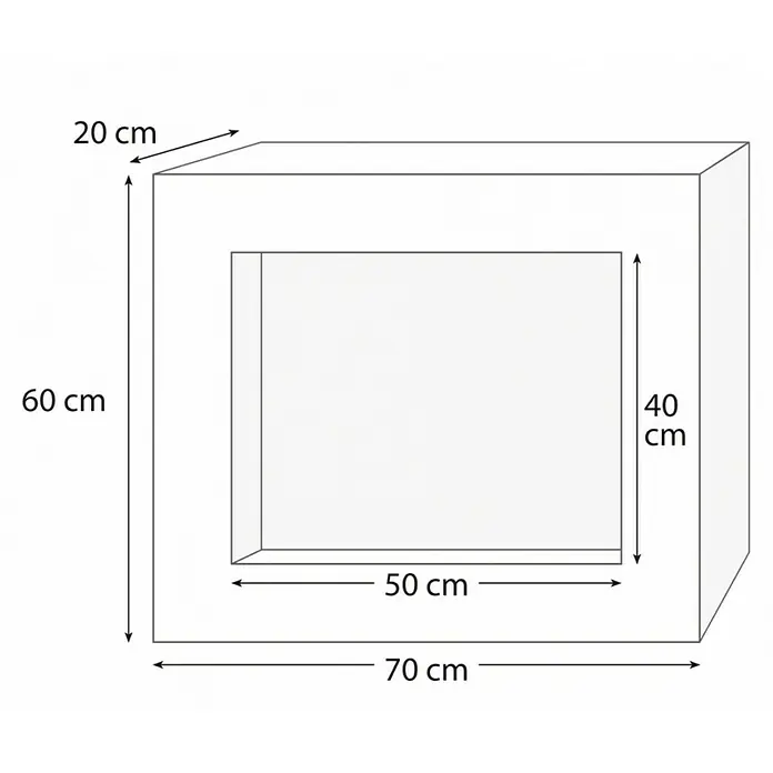 Purline Chimenea de bioetanol Bestbio W - 20 x 70 x 60 cm, Blanco - Ilustración de un producto en forma de cubo con dimensiones: 60 cm de alto, 70 cm de ancho y 20 cm de profundidad. Tiene una abertura rectangular de 50 cm x 40 cm.