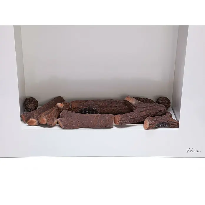 Purline Chimenea de bioetanol Bestbio W - 20 x 70 x 60 cm, Blanco - Imagen del producto de una chimenea eléctrica Pur Line con troncos decorativos y un marco blanco sencillo.