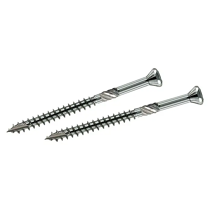 Holzschraube - Ø x L: 4,5 x 60 mm - Zwei silberne Holzschrauben mit Torx-Antrieb liegen auf schwarzem Grund. Die Schrauben sind scharf und sauber verarbeitet.