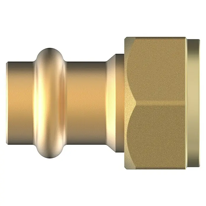 Press-Übergangsmuffe - Durchmesser: 22 mm, Innengewinde: 1″ - Nahaufnahme eines goldenen Messing-Rohrverbindungsstücks mit Gewinde, das ein hochwertiges Sanitärprodukt für zuverlässige Installationen zeigt.