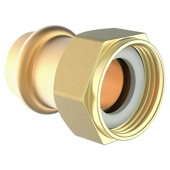 Press-Übergangsmuffe - Durchmesser: 22 mm, Innengewinde: ¾″ - Nahaufnahme einer goldenen Messingverschraubung mit Innengewinde, die für Sanitärinstallationen verwendet wird.