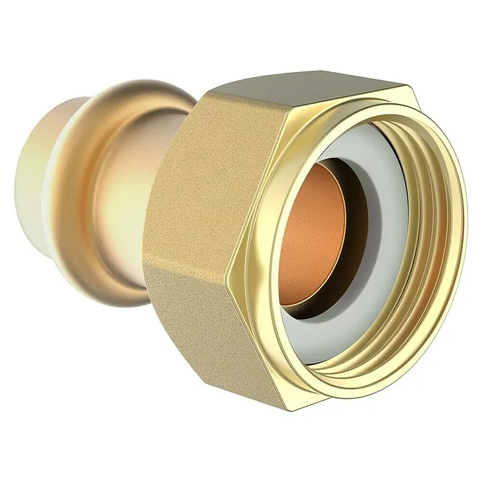 Press-Übergangsmuffe - Durchmesser: 22 mm, Innengewinde: 1″ - Nahaufnahme eines goldfarbenen Messing-Rohrverbindungsstücks mit Gewinde. Ein vielseitiges Produkt für sichere und dauerhafte Installationen.