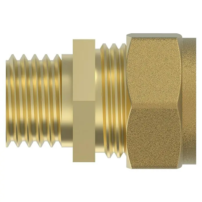 Einschraubverschraubung - Durchmesser: 15 mm, ⅜″, Messing - Nahaufnahme einer goldenen Messingverschraubung mit Gewindeenden und einer Sechskantmutter, ideal für Sanitär- und Installationsarbeiten.