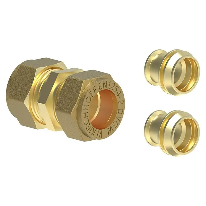 Verbindungsstück - Durchmesser: 10 mm, Messing - Messingverschraubung mit zwei Messing-Doppelnippeln. Die Verschraubung und Nippel sind aus hochwertigem Messing gefertigt und präzise verarbeitet.