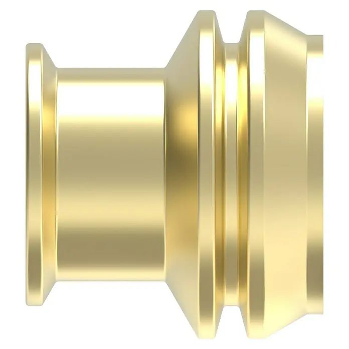 Reduzierstück - Klemmen, 12 x 10 mm, 2 Stk. - Nahaufnahme einer goldenen Messing-Rohrverschraubung mit unterschiedlichen Durchmessern und Rillen auf schwarzem Hintergrund.