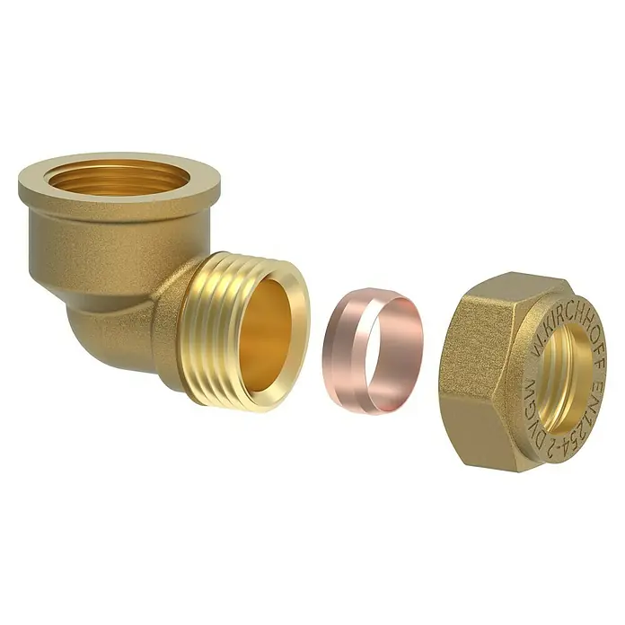 Klemmwinkel - Durchmesser: 15 mm, Winkel: 90 °, Messing - Bild einer Winkelverschraubung aus Messing mit Quetschverschraubung und Überwurfmutter, die für Sanitärinstallationen verwendet wird.
