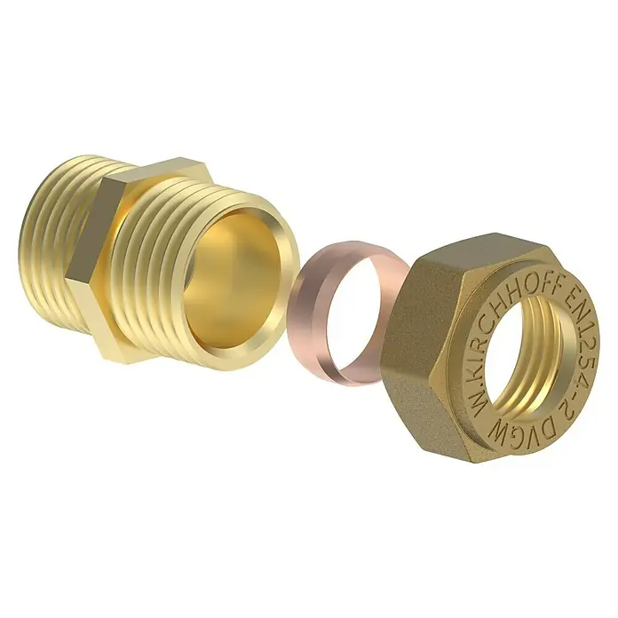 Einschraubverschraubung - Durchmesser: 12 mm, ⅜″, Messing - Messingverschraubung mit Dichtung und Überwurfmutter. Für sichere Rohrverbindungen in Sanitär- und Heizungsanlagen.