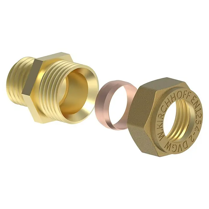 Einschraubverschraubung - Durchmesser: 15 mm, ⅜″, Messing - Messingverschraubung mit Dichtring und Überwurfmutter. Die Verschraubung ist für Trinkwasser geeignet und entspricht der EN 1254-2 DVGW Norm.
