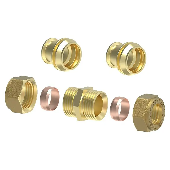 Verbindungsstück - Durchmesser: 10 mm, Messing - Messingfitting-Set mit Rohrstutzen, Schneidringen und Überwurfmuttern für die Installation von Rohrleitungen.