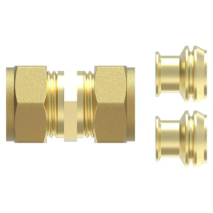 Verbindungsstück - Durchmesser: 10 mm, Messing - Abbildung einer Messingrohrverbindung mit zwei Hülsen, ein hochwertiges Produkt für zuverlässige Installationen und dauerhafte Leistung.