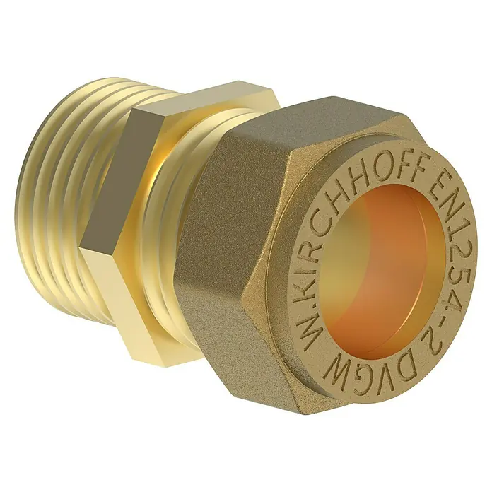 Einschraubverschraubung - Durchmesser: 12 mm, ⅜″, Messing - Nahaufnahme eines goldenen W. Kirchhoff-Fittingstücks, das die Präzision und Qualität der Sanitärkomponente hervorhebt.