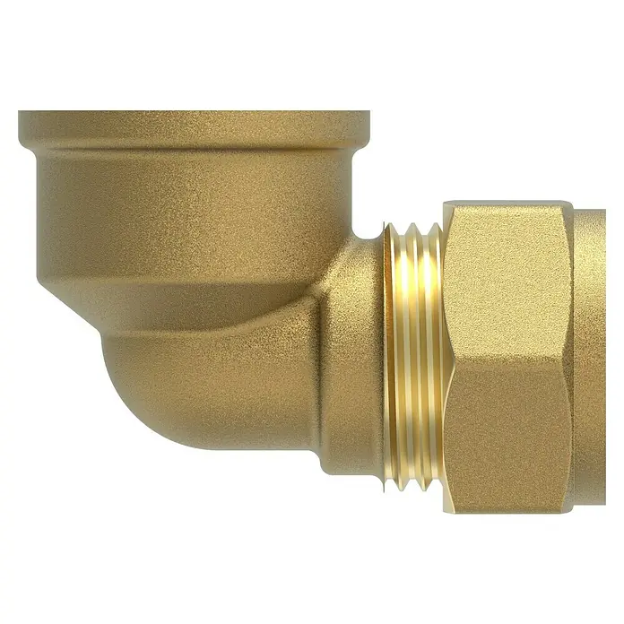 Klemmwinkel - Durchmesser: 15 mm, Winkel: 90 °, Messing - Nahaufnahme eines goldenen 90-Grad-Messingrohrbogens mit Gewinde. Das Metallstück ist für Sanitäranwendungen konzipiert.