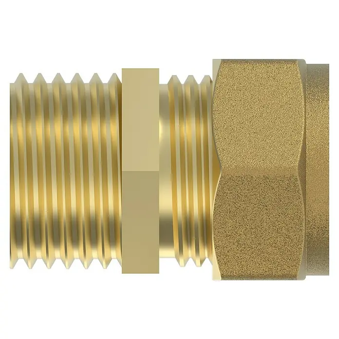 Einschraubverschraubung - Durchmesser: 12 mm, ⅜″, Messing - Detailaufnahme eines goldenen Messingverschraubungsstücks mit Gewinde, das für eine sichere Verbindung in Rohrsystemen sorgt.