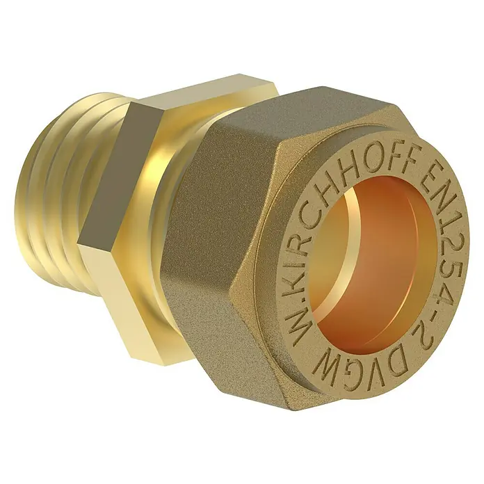 EinschraubverschraubungDurchmesser: 15 mm, ⅜″, Messing - Abbildung einer Messingverschraubung mit Gewinde und Beschriftung für Sanitäranwendungen.