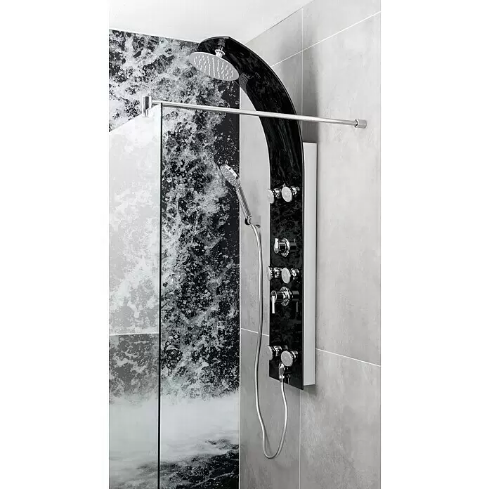 Camargue Duschpaneel Sylt 2.0 - Höhe: 133 cm, Mit Einhebelmischer, Schwarz - Eine schwarze Duschsäule mit Chromarmaturen, Kopfbrause, Handbrause und mehreren Massagedüsen, in einer gefliesten Dusche installiert.