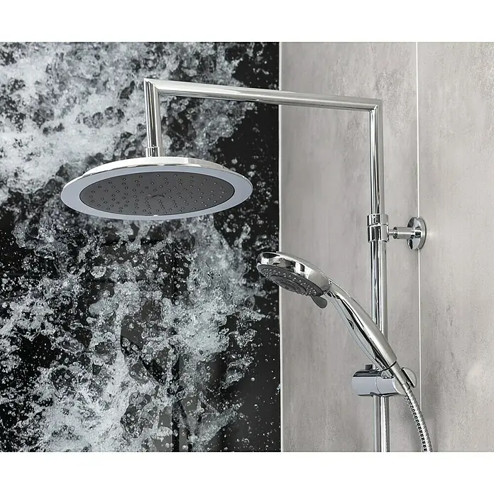 Mixomat Duschsystem Dallas - Mit Umsteller, Lochabstand: 69,5 cm - 70 cm, Anzahl Strahlarten: 5 Stk., Chrom/Anthrazit - Moderne Duschgarnitur mit großem Kopf und Handbrause. Das schlichte Design fügt sich nahtlos in jedes Badezimmer ein und sorgt für ein entspannendes Duscherlebnis.