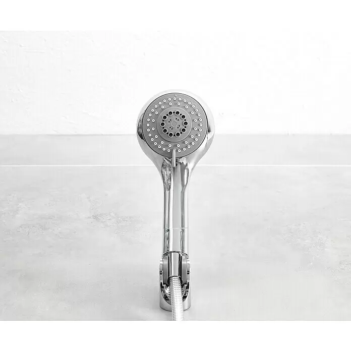 Mixomat Brause-Set Cimbarra - Anzahl Strahlarten: 3 Stk., Chrom - Glänzender verchromter Handbrausekopf mit rundem Sprühkopf und mehreren grauen Düsen.