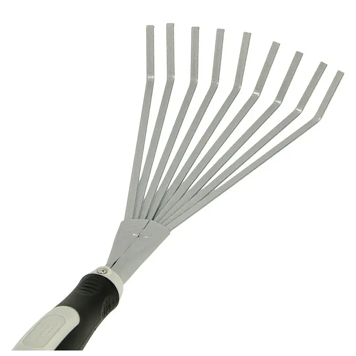 Gardol Hand-KleinfegerArbeitsbreite: 12,5 cm, Anzahl Zinken: 9, Kurzstiel - Nahaufnahme eines Fächerbesens mit grauem Kopf und schwarzem Griff, ideal zum Laubrechen und zur Gartenpflege.