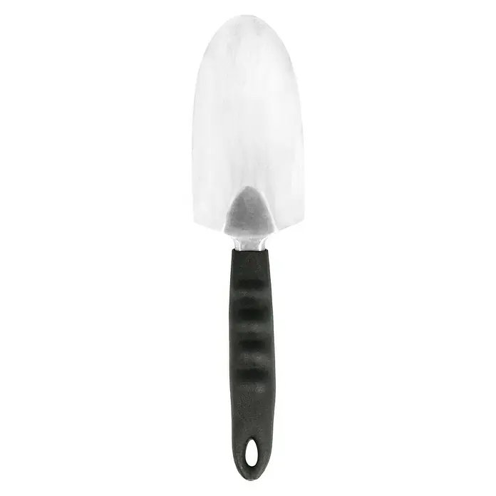 Gardol Hand-Blumenkelle - 7,5 cm, Aluminium, Kurzstiel - Nahaufnahme eines silberfarbenen Gartenhandspatens mit schwarzem Griff, ideal für kleine Grabarbeiten und das Einpflanzen von Setzlingen.