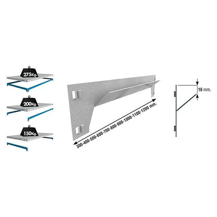 Simonrack Simonclick Travesaño para estanterías de carga pesada - Largo: 400 mm, Galvanizado - Ilustración de un sistema de estanterías con diferentes capacidades de carga y una vista detallada del soporte de pared, de 300 a 1200 mm.