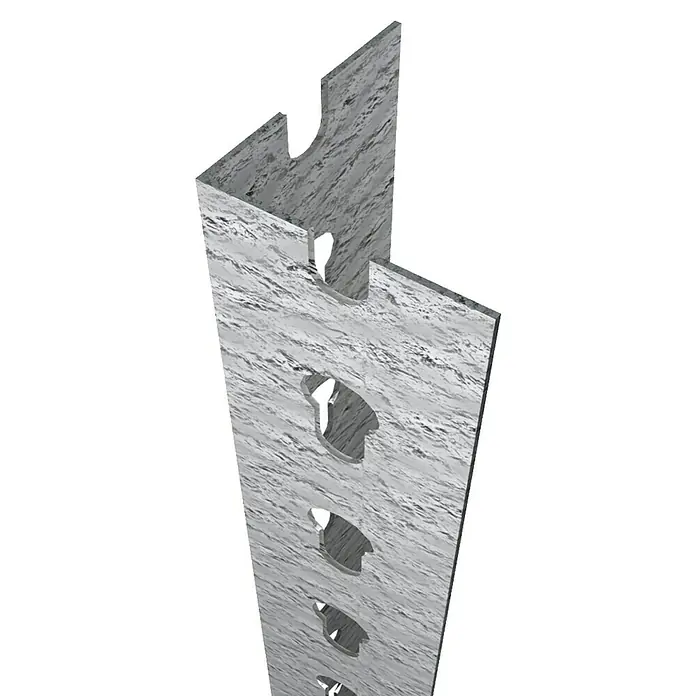 Simonrack Simontaller Perfil angular - L x An x Al: 300 x 4,85 x 4,85 cm, Metal, Galvanizado - Imagen del producto de un soporte de estante de riel ranurado hecho de material marmoleado gris con múltiples recortes. Robusto y versátil para estanterías.
