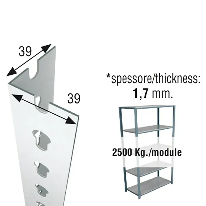 Simonrack Simonclick Perfil angular - L x An x Al: 200 x 3,9 x 3,9 cm, Metal, Blanco - Vista detallada de un sistema de estanterías, destacando dimensiones de 39 mm, 1,7 mm de grosor y capacidad de carga de 2500 kg/módulo.