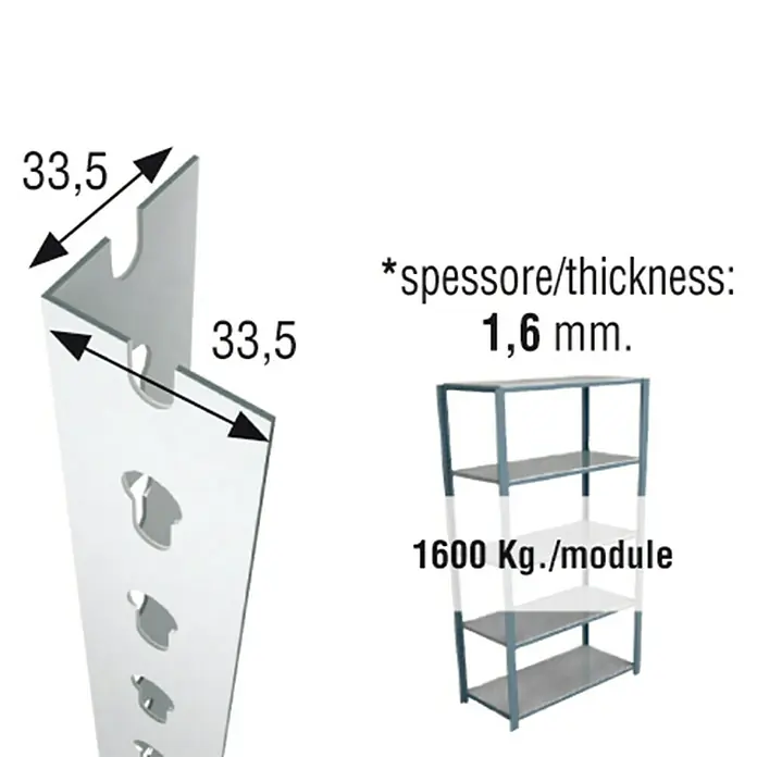 Simonrack Simonclick Perfil angular - L x An x Al: 200 x 3,3 x 3,3 cm, Blanco - Imagen de un sistema de estanterías, que muestra la dimensión de los detalles de la esquina (33,5 mm), el grosor del material (1,6 mm) y la capacidad de carga del módulo de 1600 Kg.