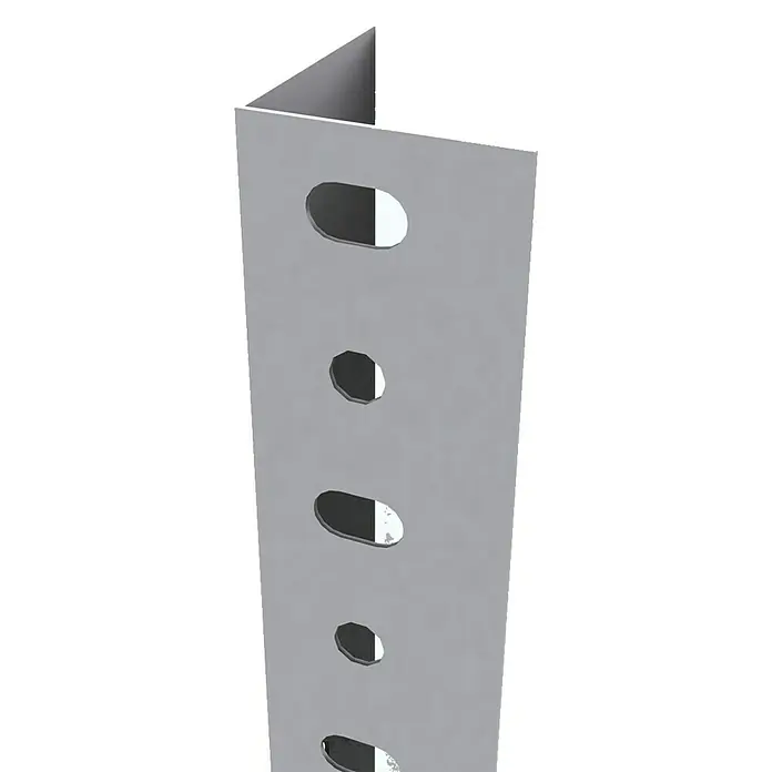 Simonrack Simonclassic Perfil angular - L x An x Al: 400 x 3,9 x 3,9 cm, Metal, Blanco - Primer plano de un soporte de montaje plateado con agujeros oblongos y redondos para sujetarlo a varias superficies.