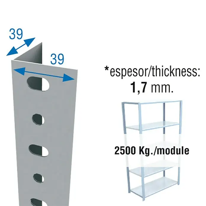 Simonrack Simonclassic Perfil angular - L x An x Al: 250 x 3,9 x 3,9 cm, Metal, Blanco - Imagen de una estructura de estantería con dimensiones detalladas y especificaciones de grosor del material.
