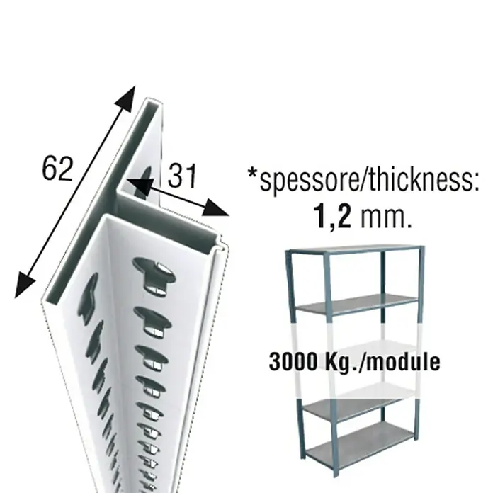 Simonrack Officlick Perfil angular - L x An x Al: 100 x 6,2 x 3,1 cm, Blanco - Primer plano de un perfil de esquina blanco con dimensiones y detalles de capacidad de carga para un sistema de estanterías.