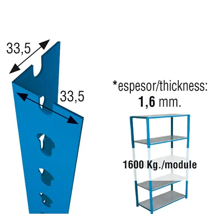 Simonrack Simonclick Perfil angular - L x An x Al: 90 x 3,3 x 3,3 cm, Azul - Vista detallada de un sistema de estanterías azul con medidas e información sobre la capacidad de carga.