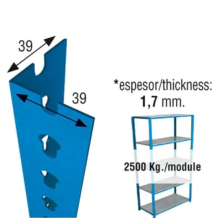 Simonrack Simonclick Perfil angular - L x An x Al: 400 x 3,9 x 3,9 cm, Azul - Componente de estantería con dimensiones y especificaciones.