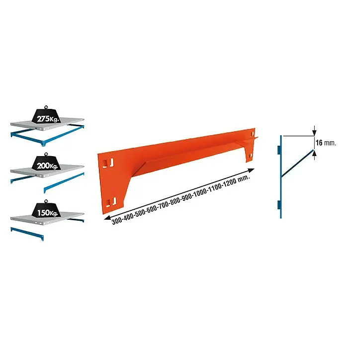 Simonrack Simonclick Travesaño para estanterías de carga pesada - Largo: 400 mm, Naranja - La imagen muestra una estantería resistente con estantes, con una capacidad de carga de 150 kg, 200 kg o 275 kg, y una vista detallada de la estructura de soporte.